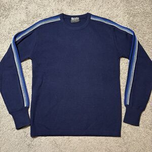 Vintage Meister Wool Blend Knit Sweater Mens Medium Retro 80s Navy Blue Striped